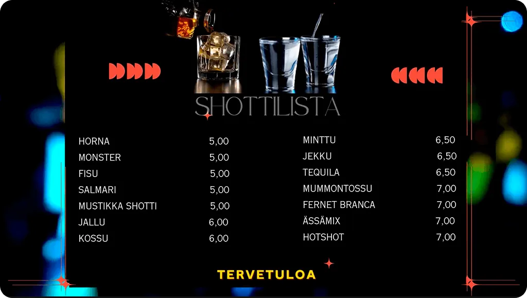 Drinks list and menu